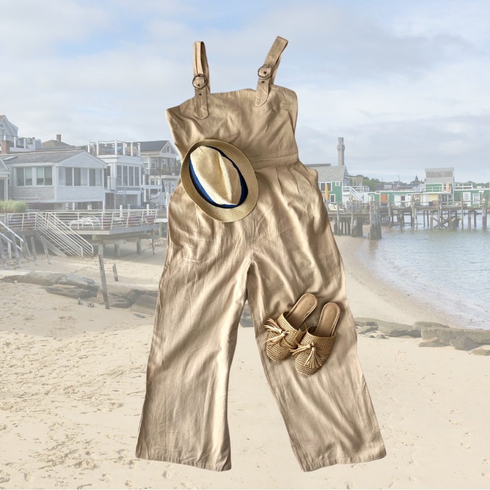 Japna Linen and Cotton Cropped Overall in Beige Size L